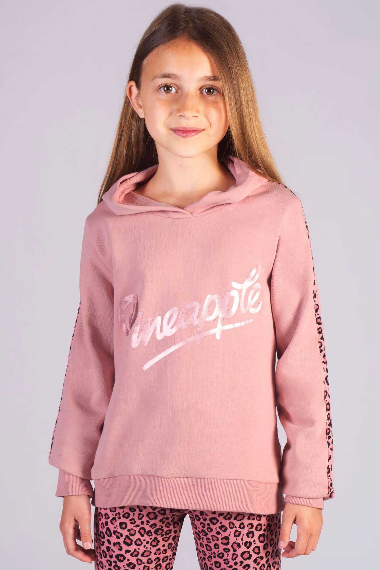 Pink Hoodie for Girls with Leopard Stripe Pineapple Kids Leisurewear